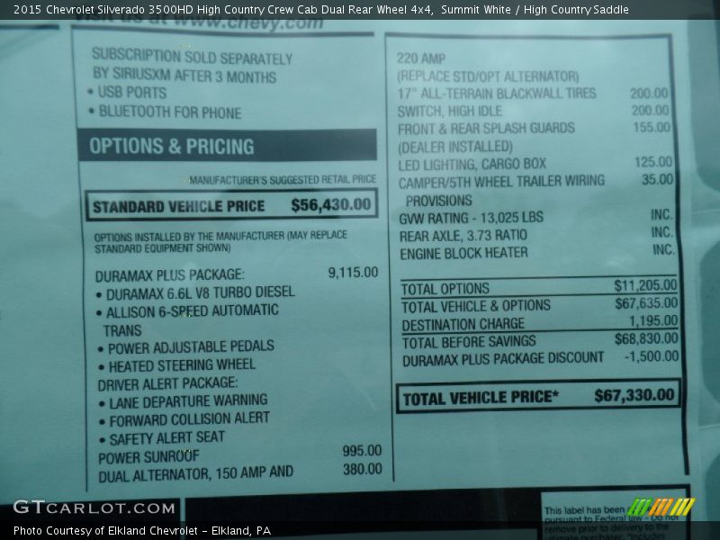  2015 Silverado 3500HD High Country Crew Cab Dual Rear Wheel 4x4 Window Sticker