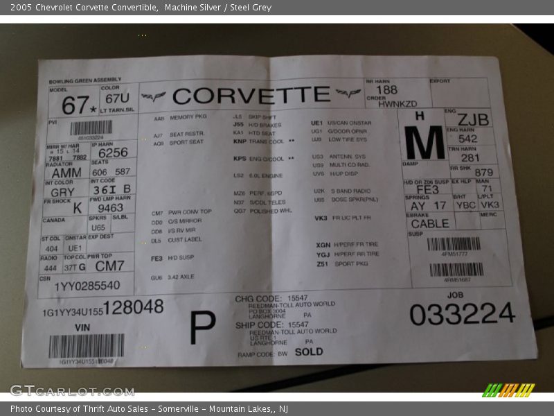 Info Tag of 2005 Corvette Convertible