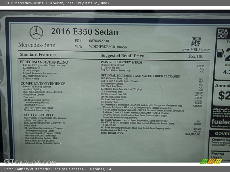  2016 E 350 Sedan Window Sticker