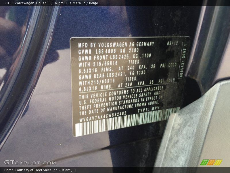 Night Blue Metallic / Beige 2012 Volkswagen Tiguan LE