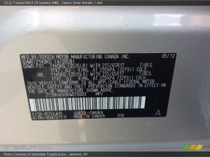 Classic Silver Metallic / Ash 2012 Toyota RAV4 V6 Limited 4WD