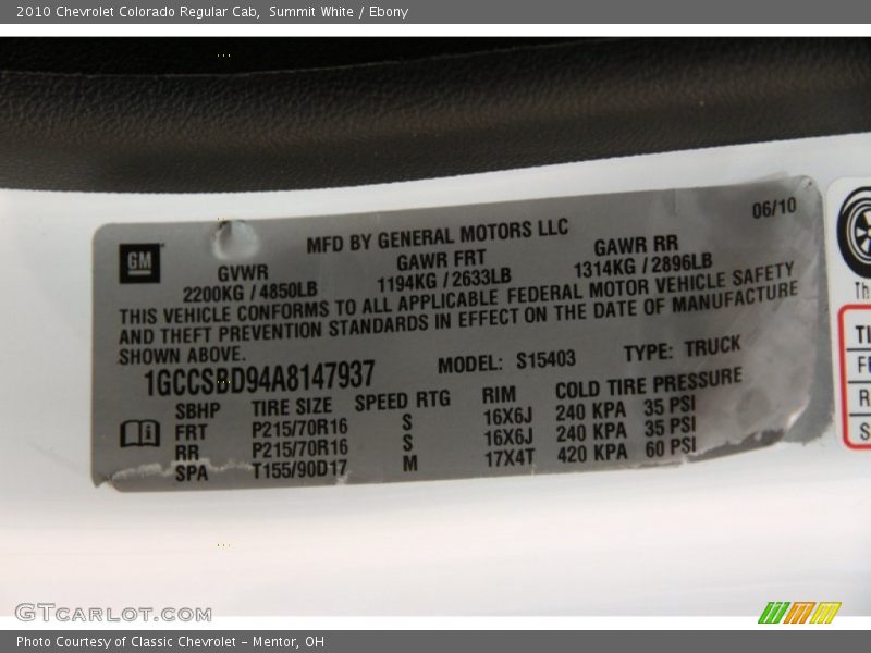 Summit White / Ebony 2010 Chevrolet Colorado Regular Cab
