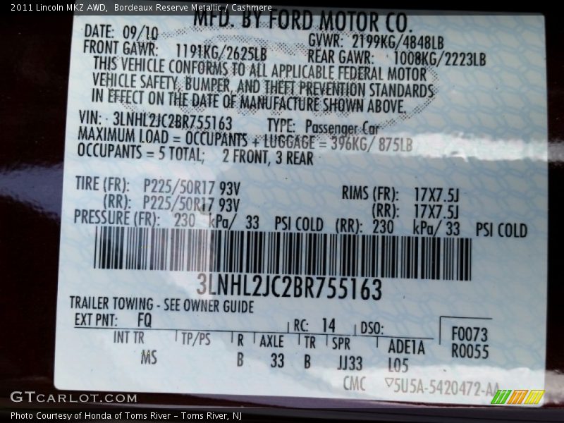 Bordeaux Reserve Metallic / Cashmere 2011 Lincoln MKZ AWD