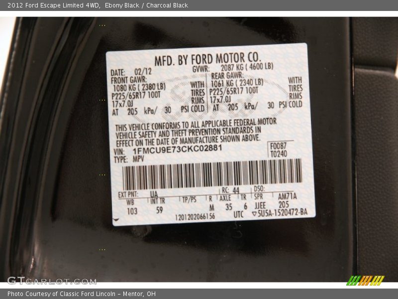 Ebony Black / Charcoal Black 2012 Ford Escape Limited 4WD