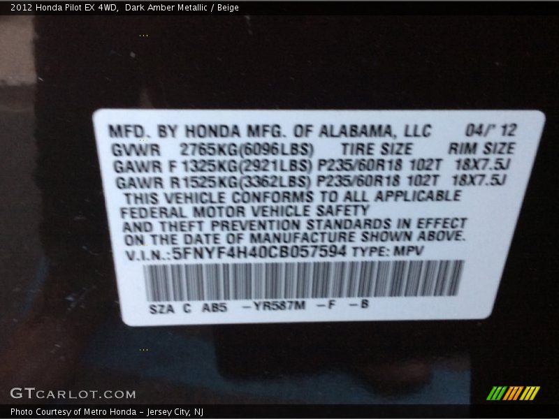 Dark Amber Metallic / Beige 2012 Honda Pilot EX 4WD
