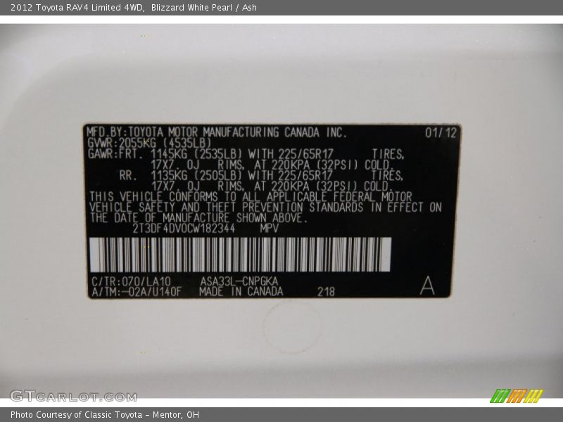 Blizzard White Pearl / Ash 2012 Toyota RAV4 Limited 4WD