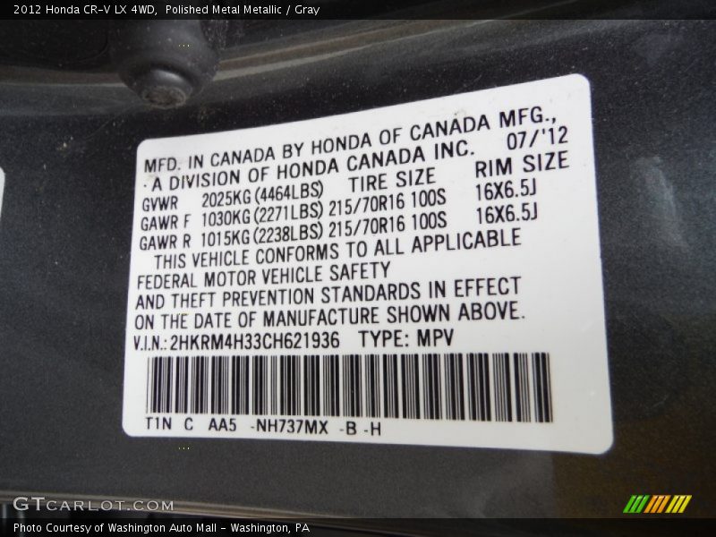 Polished Metal Metallic / Gray 2012 Honda CR-V LX 4WD
