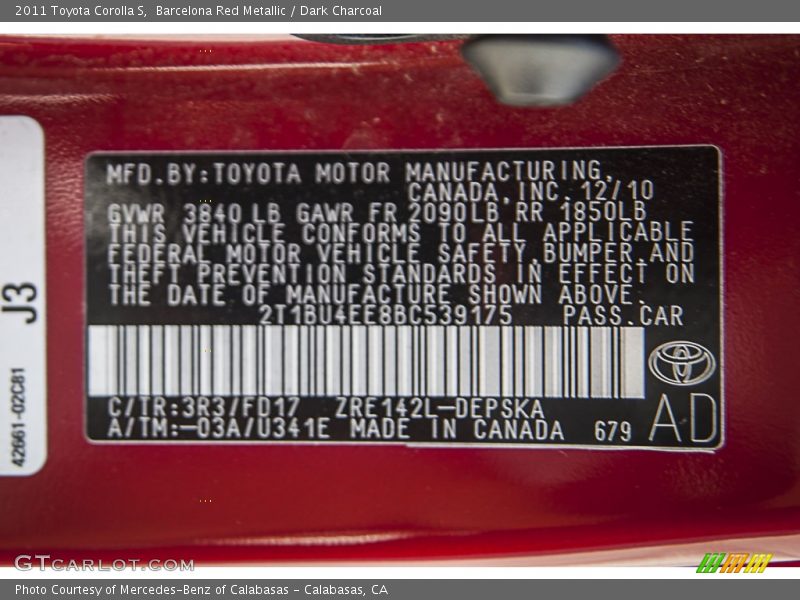 Barcelona Red Metallic / Dark Charcoal 2011 Toyota Corolla S