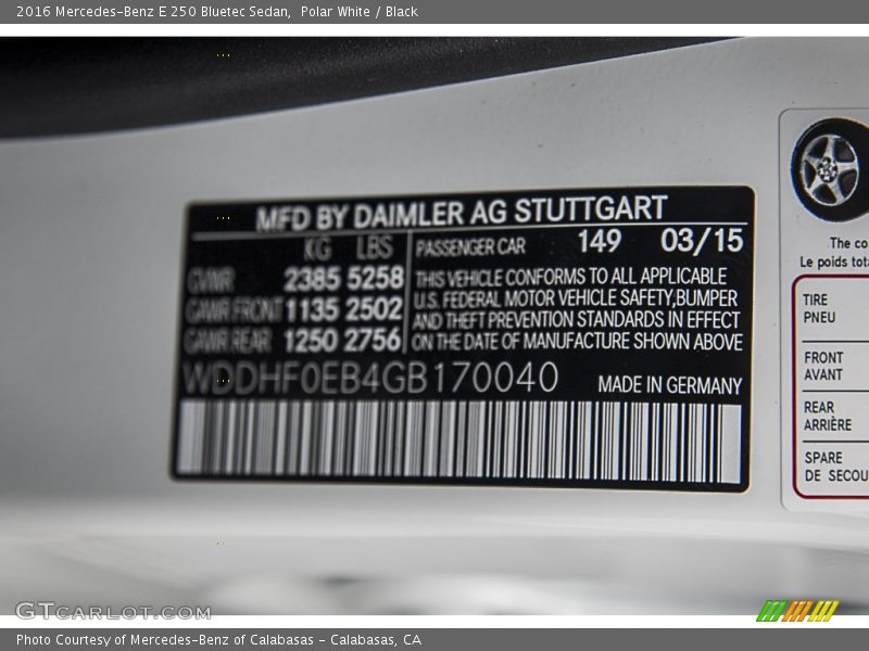 2016 E 250 Bluetec Sedan Polar White Color Code 149