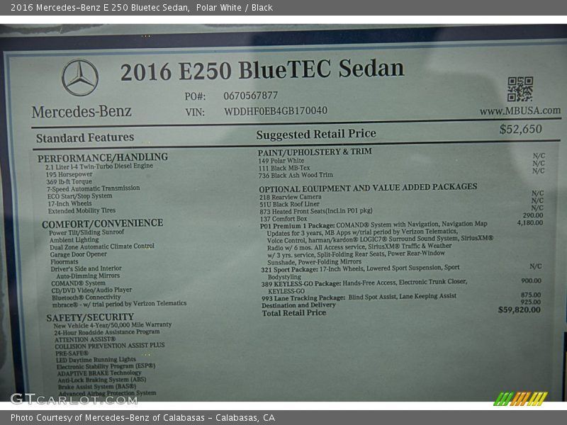  2016 E 250 Bluetec Sedan Window Sticker