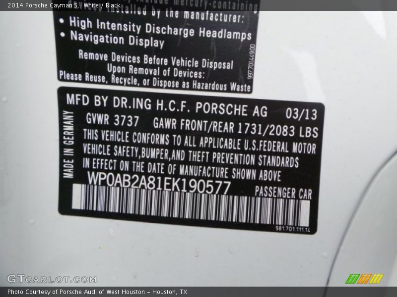 White / Black 2014 Porsche Cayman S