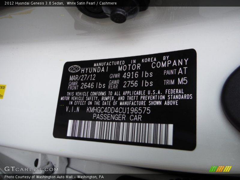 White Satin Pearl / Cashmere 2012 Hyundai Genesis 3.8 Sedan