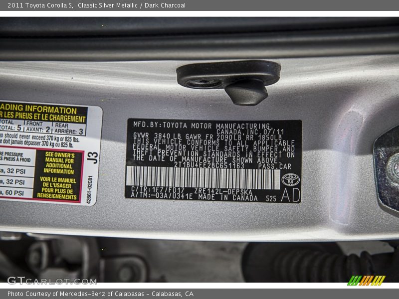 Classic Silver Metallic / Dark Charcoal 2011 Toyota Corolla S