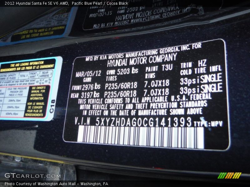 Pacific Blue Pearl / Cocoa Black 2012 Hyundai Santa Fe SE V6 AWD