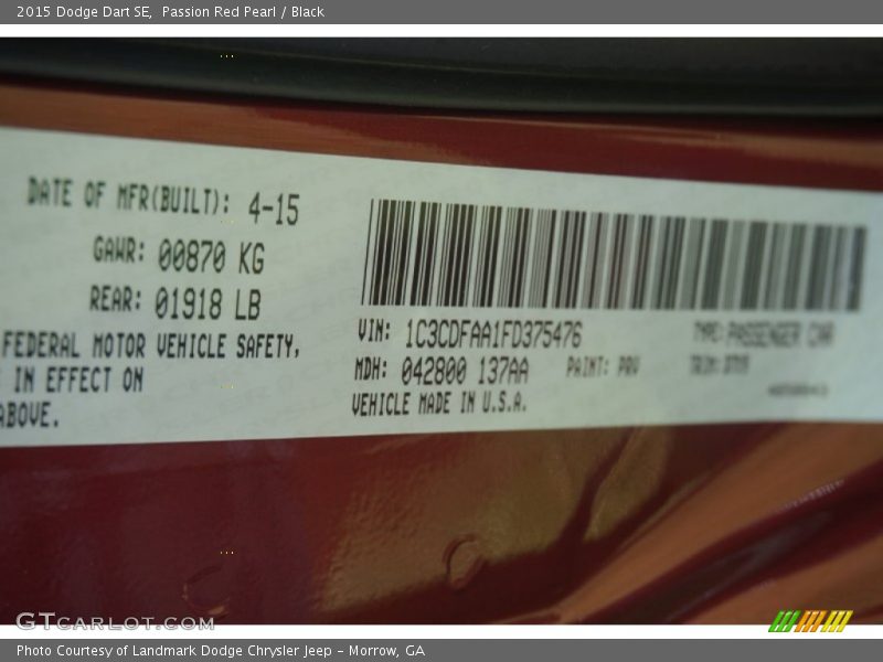 Passion Red Pearl / Black 2015 Dodge Dart SE