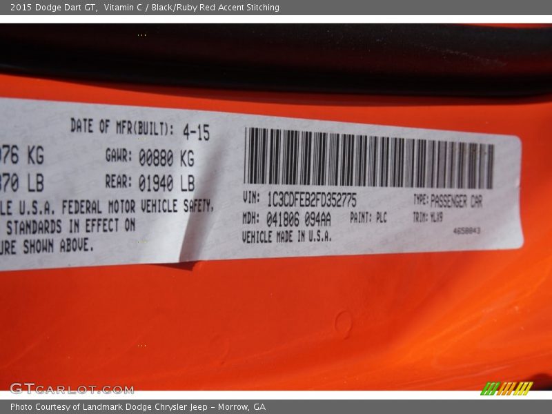 Vitamin C / Black/Ruby Red Accent Stitching 2015 Dodge Dart GT