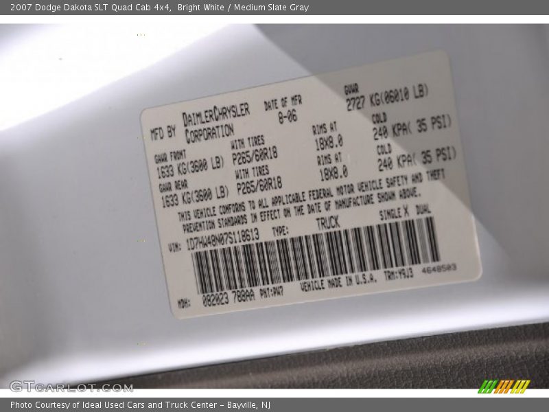 Bright White / Medium Slate Gray 2007 Dodge Dakota SLT Quad Cab 4x4