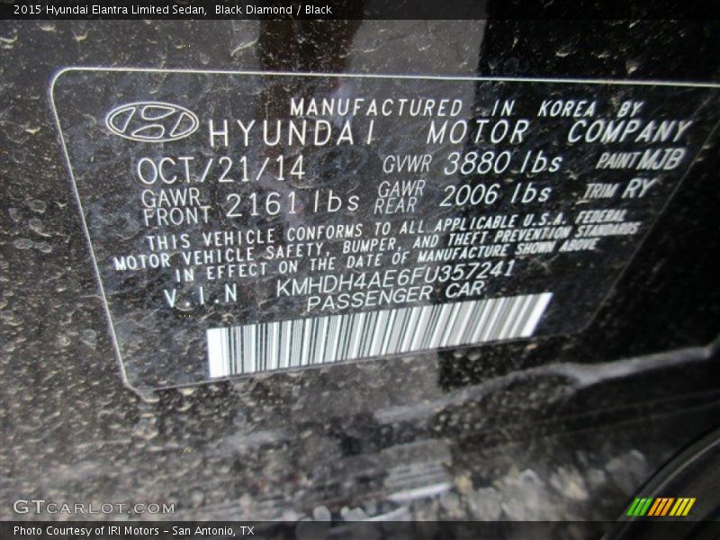 Black Diamond / Black 2015 Hyundai Elantra Limited Sedan