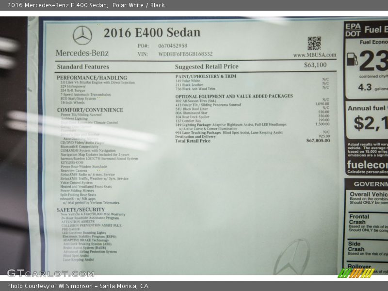  2016 E 400 Sedan Window Sticker