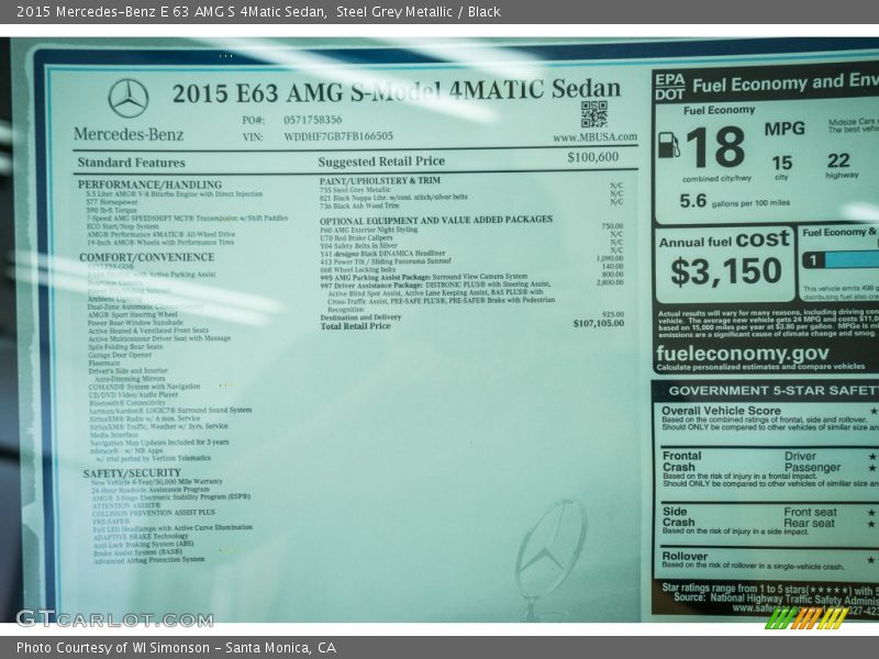 2015 E 63 AMG S 4Matic Sedan Window Sticker