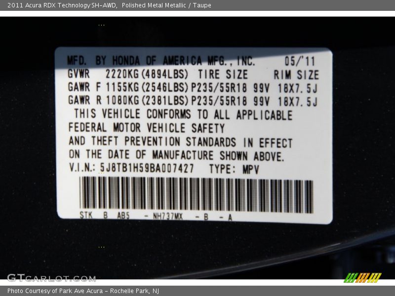 Polished Metal Metallic / Taupe 2011 Acura RDX Technology SH-AWD