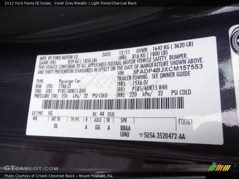 Violet Grey Metallic / Light Stone/Charcoal Black 2012 Ford Fiesta SE Sedan