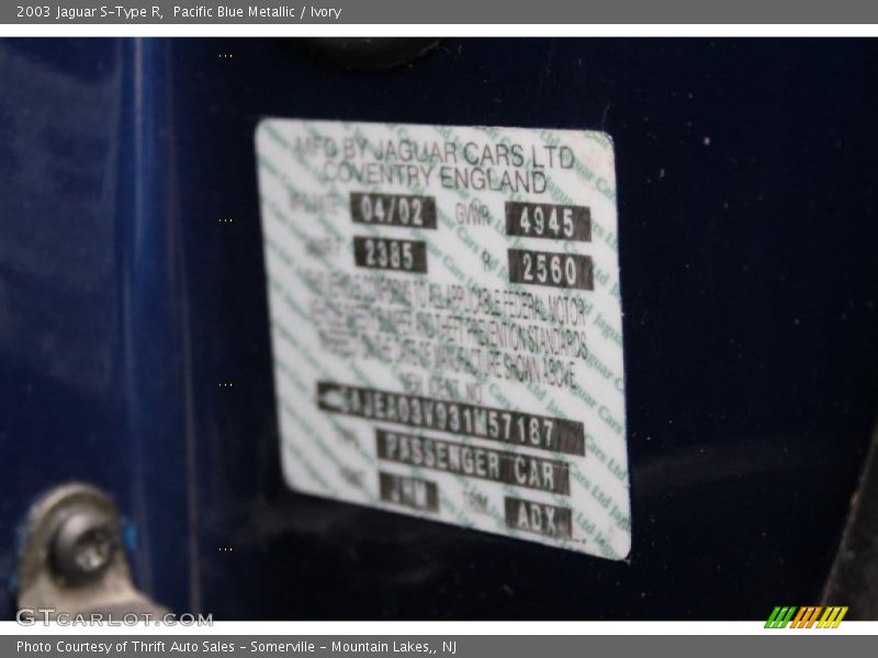 2003 S-Type R Pacific Blue Metallic Color Code JHM