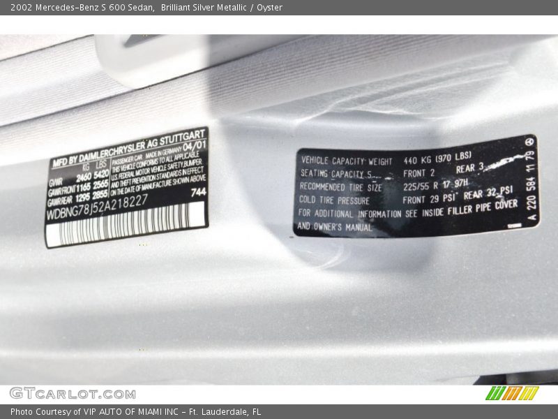 2002 S 600 Sedan Brilliant Silver Metallic Color Code 744
