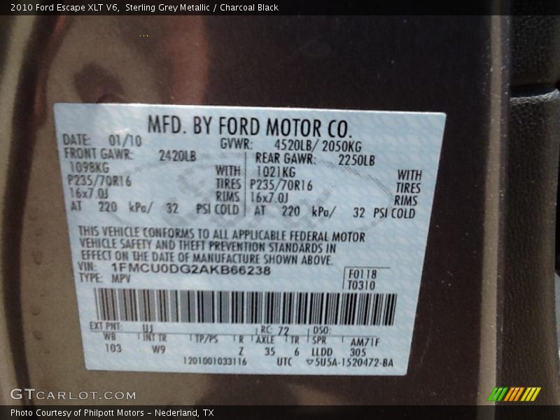 Sterling Grey Metallic / Charcoal Black 2010 Ford Escape XLT V6