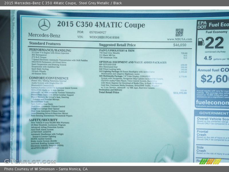  2015 C 350 4Matic Coupe Window Sticker