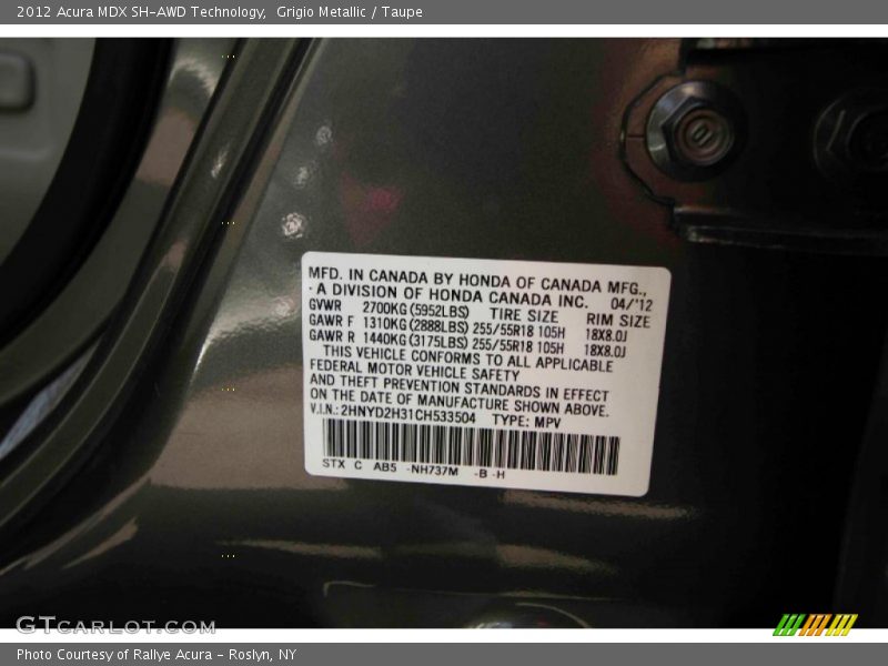 Grigio Metallic / Taupe 2012 Acura MDX SH-AWD Technology