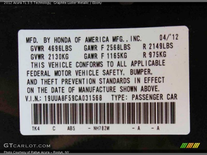 Graphite Luster Metallic / Ebony 2012 Acura TL 3.5 Technology