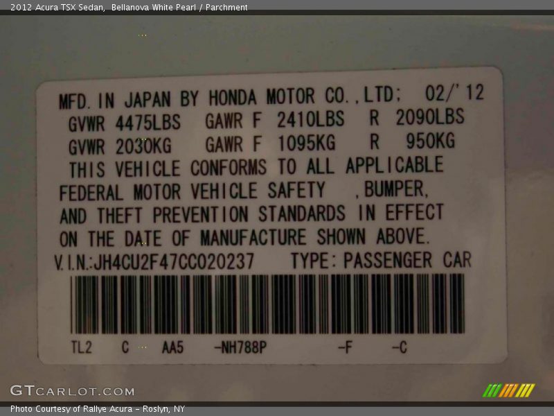 Bellanova White Pearl / Parchment 2012 Acura TSX Sedan