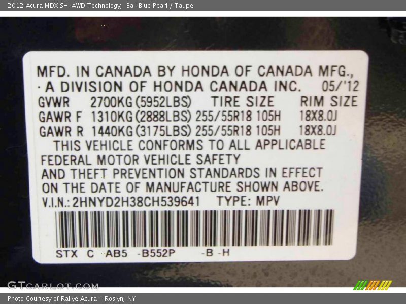 Bali Blue Pearl / Taupe 2012 Acura MDX SH-AWD Technology