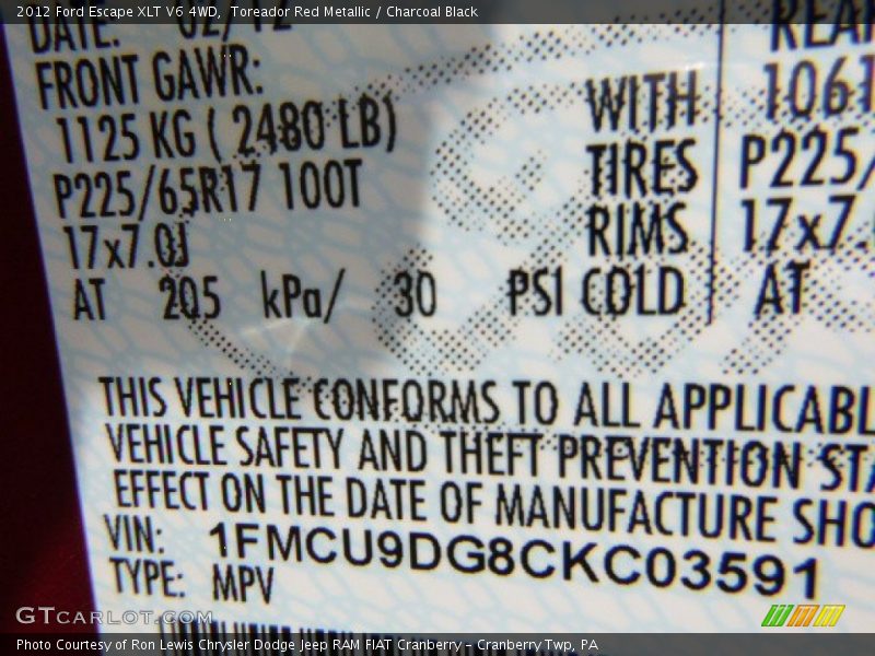 Toreador Red Metallic / Charcoal Black 2012 Ford Escape XLT V6 4WD