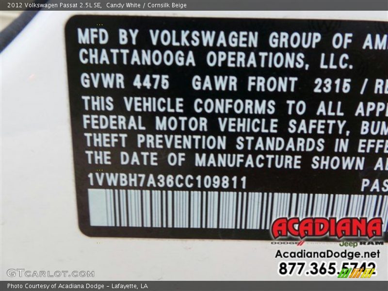 Candy White / Cornsilk Beige 2012 Volkswagen Passat 2.5L SE