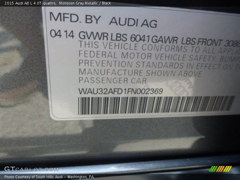 Monsoon Gray Metallic / Black 2015 Audi A8 L 4.0T quattro
