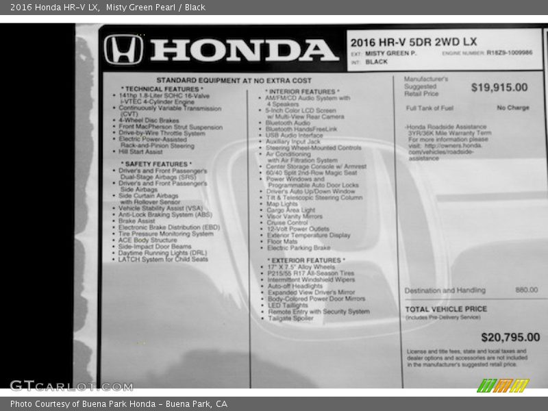  2016 HR-V LX Window Sticker