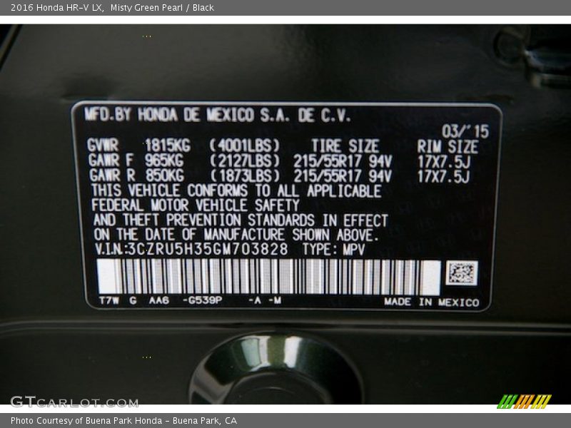 2016 HR-V LX Misty Green Pearl Color Code G539P