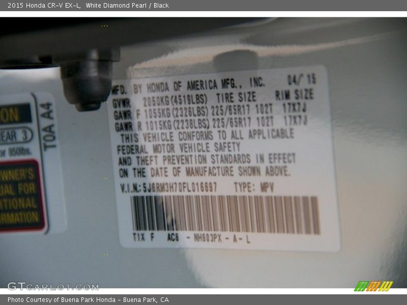 White Diamond Pearl / Black 2015 Honda CR-V EX-L