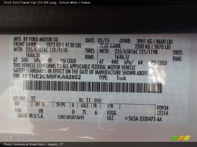 Oxford White / Pewter 2015 Ford Transit Van 150 MR Long
