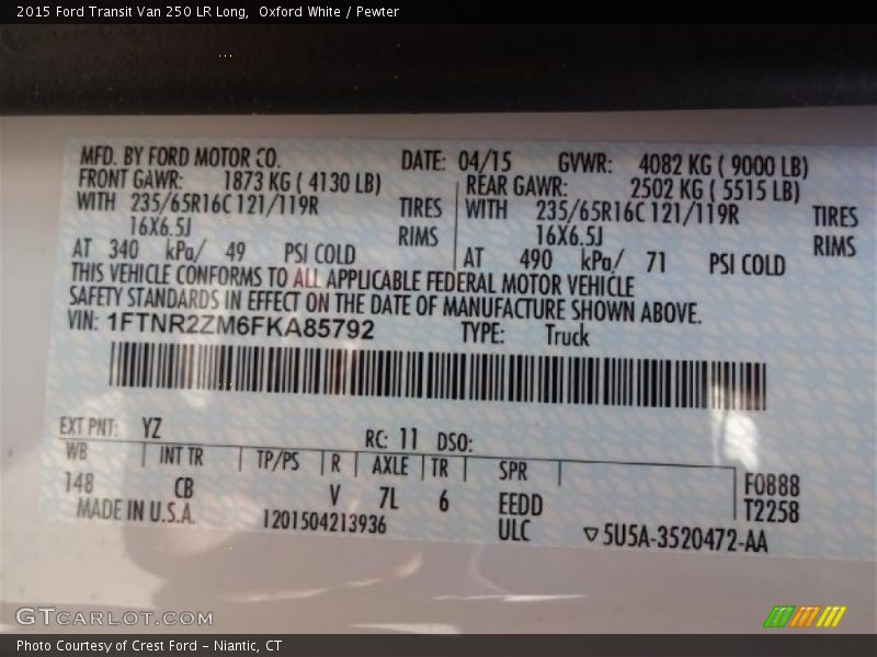Oxford White / Pewter 2015 Ford Transit Van 250 LR Long