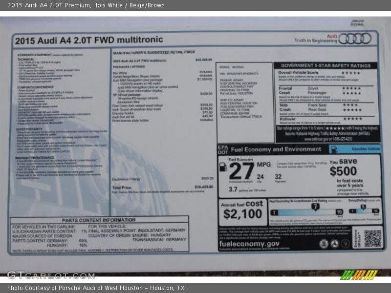 Ibis White / Beige/Brown 2015 Audi A4 2.0T Premium