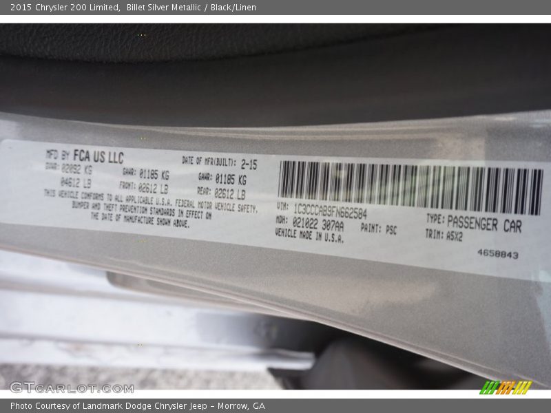 Billet Silver Metallic / Black/Linen 2015 Chrysler 200 Limited