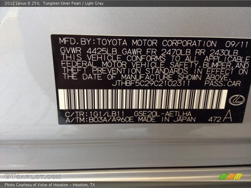 Tungsten Silver Pearl / Light Gray 2012 Lexus IS 250