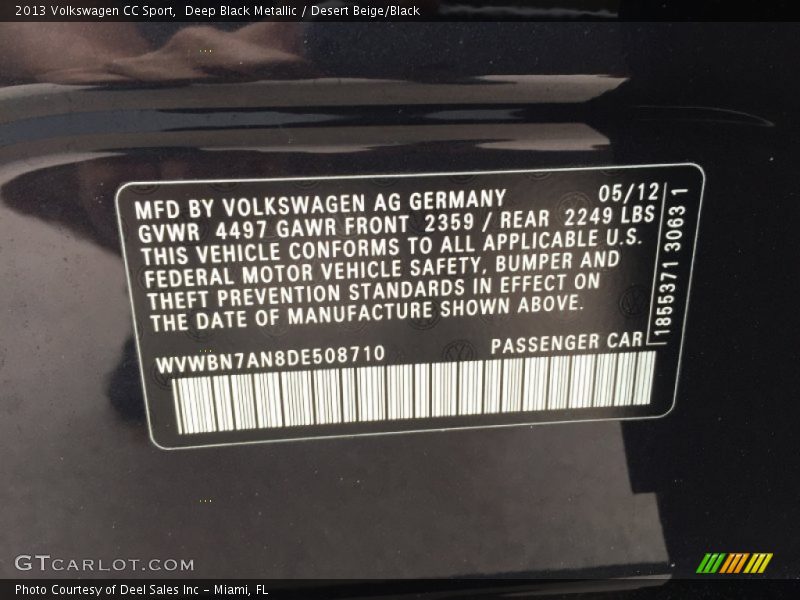 Deep Black Metallic / Desert Beige/Black 2013 Volkswagen CC Sport