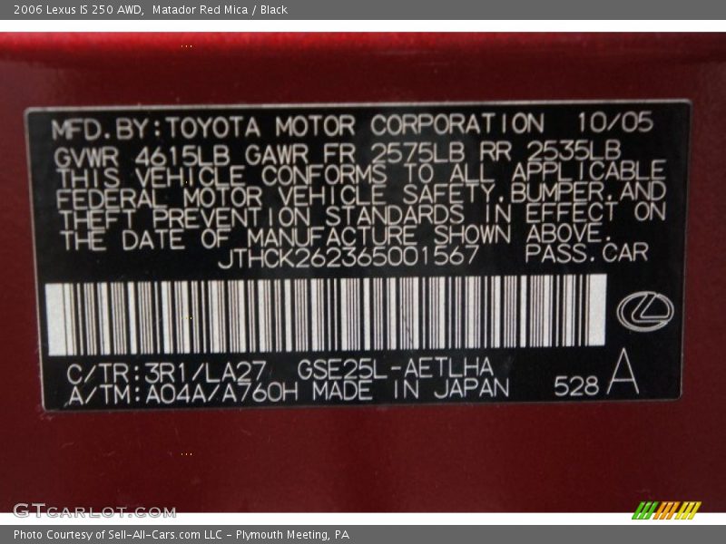 Matador Red Mica / Black 2006 Lexus IS 250 AWD