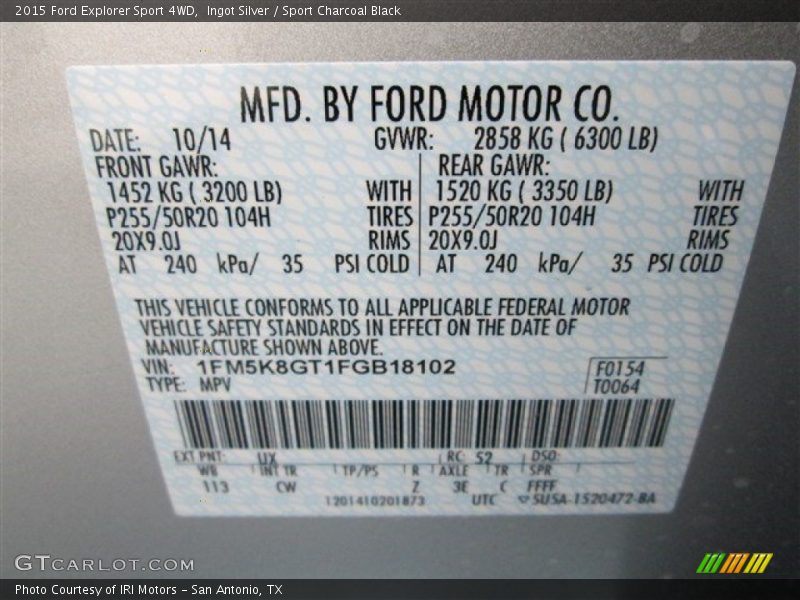Ingot Silver / Sport Charcoal Black 2015 Ford Explorer Sport 4WD