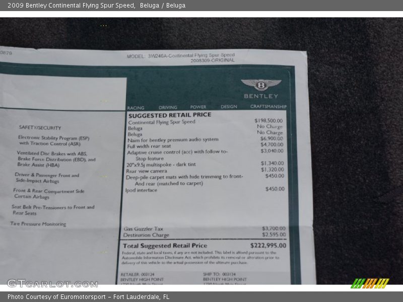  2009 Continental Flying Spur Speed Window Sticker