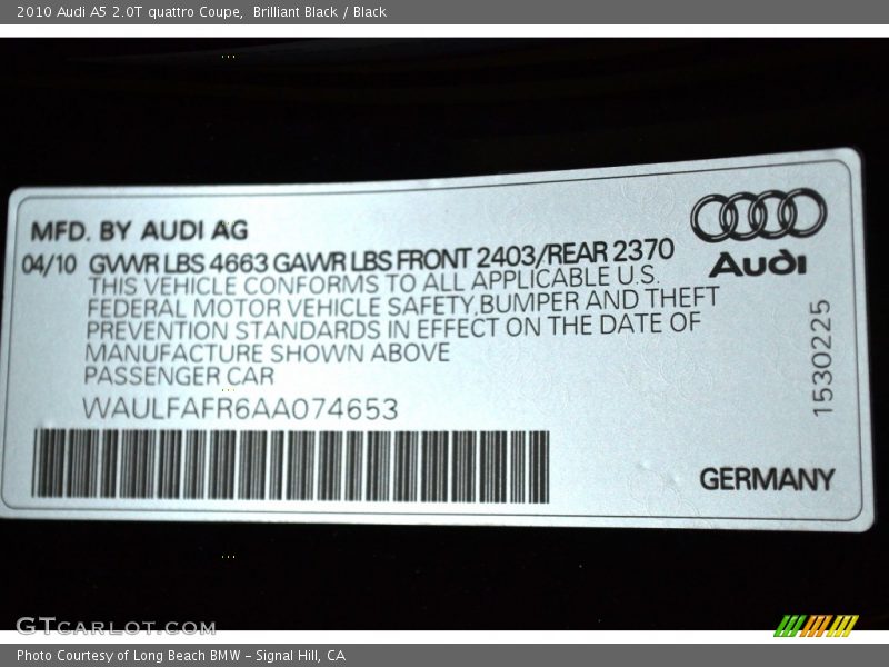 Brilliant Black / Black 2010 Audi A5 2.0T quattro Coupe